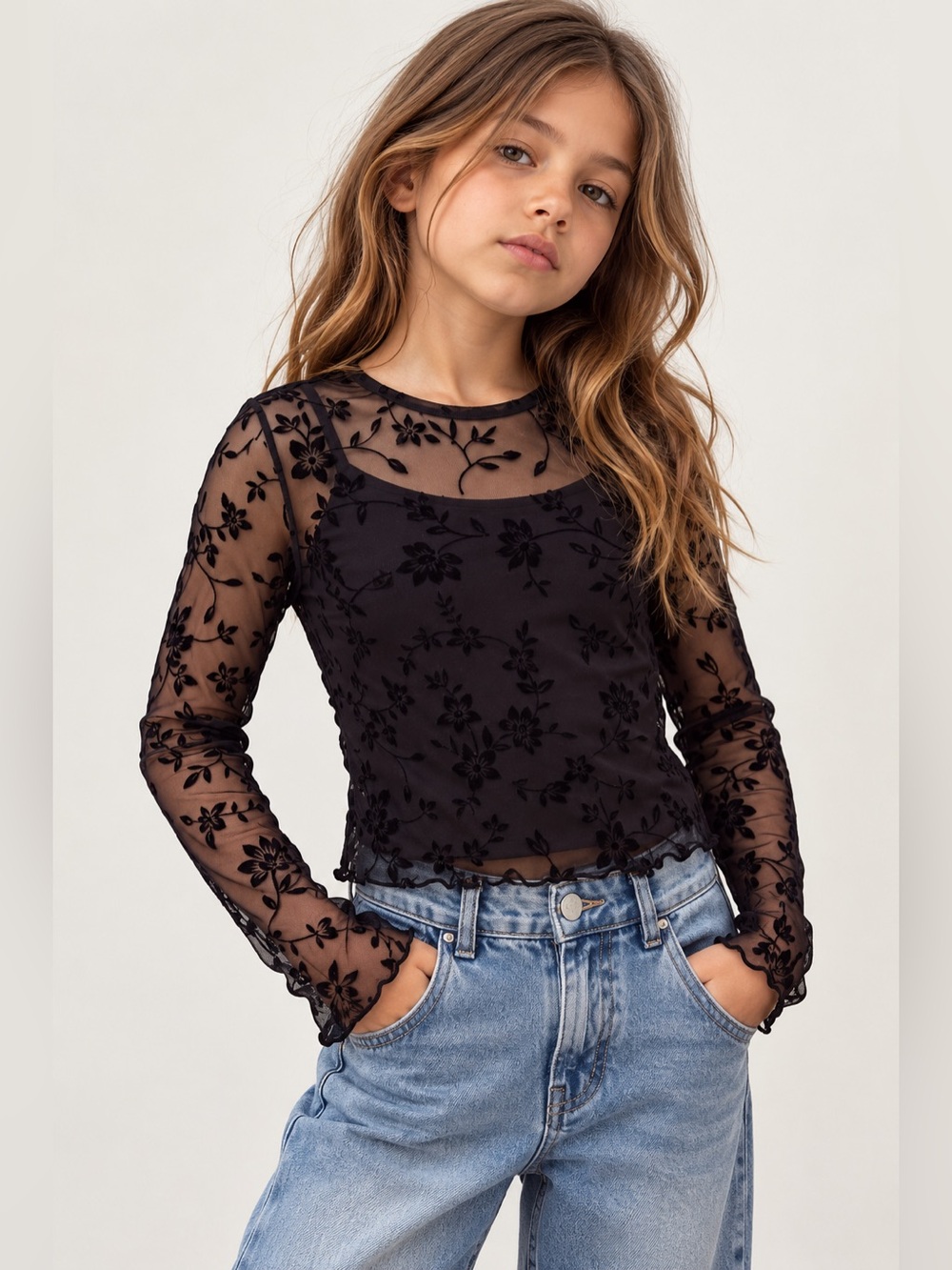 Girls Black Floral Mesh Long Sleeve Top – Size 8